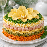 Слоёный салат «Орхидея» с ветчиной и чипсами: гости попросят добавки