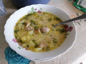 Рецепт сметанного супа со свининой и картофелем на костном бульоне
