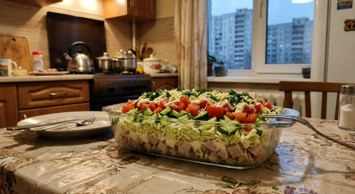 Слоеный салат с копченой курицей и пекинской капустой