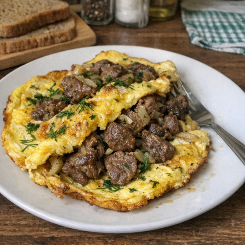 Телятина в омлете: мясо, которое остаётся сочным даже без масла