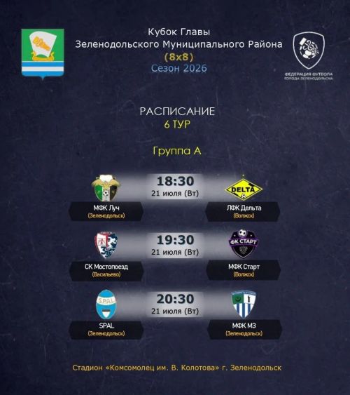 Федерация футбола Зеленодольска представляет расписание 6-го тура