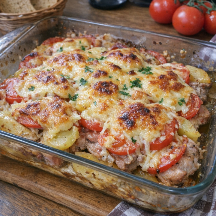 Секрет сочного мяса по-французски: свинина, картофель, помидоры