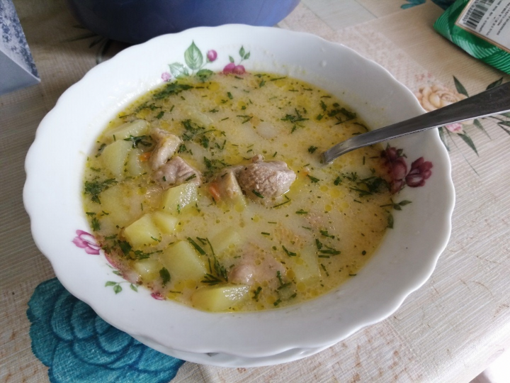 Рецепт сметанного супа со свининой и картофелем на костном бульоне