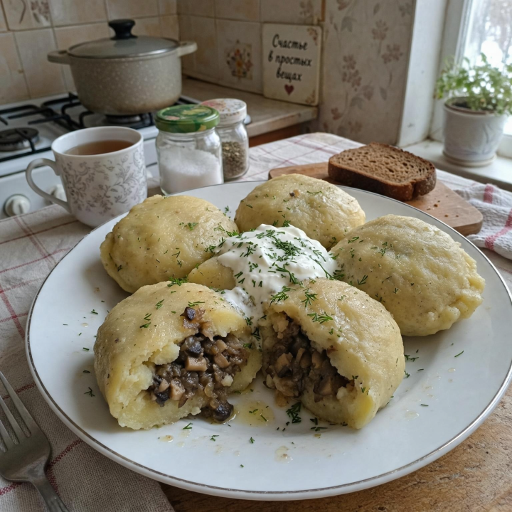 Картофельные клецки с начинкой из грибов и сала